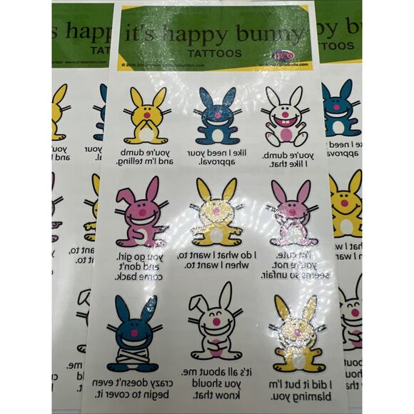 Neo Happy Bunny Temporary Tattoos 2006 Jim Benton Rabbit 5 Sheets 45 Tattoos - Picture 2 of 8